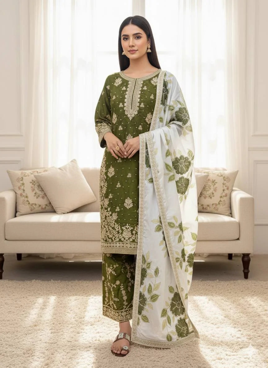 Elegant Green GMY Silk Embroidered Top–Plazzo Set with Organza Dupatta