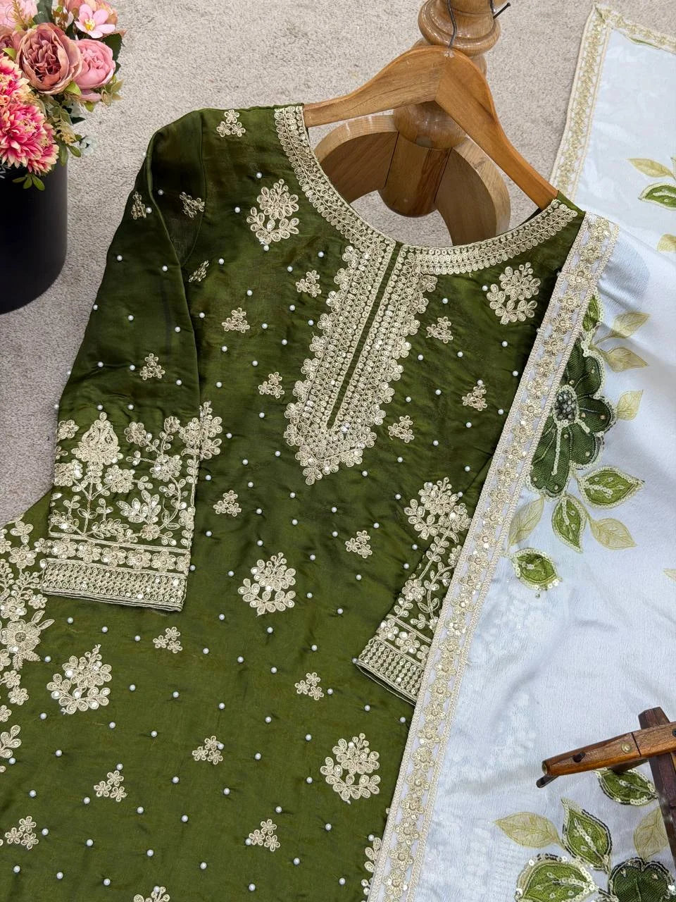 Elegant Green GMY Silk Embroidered Top–Plazzo Set with Organza Dupatta