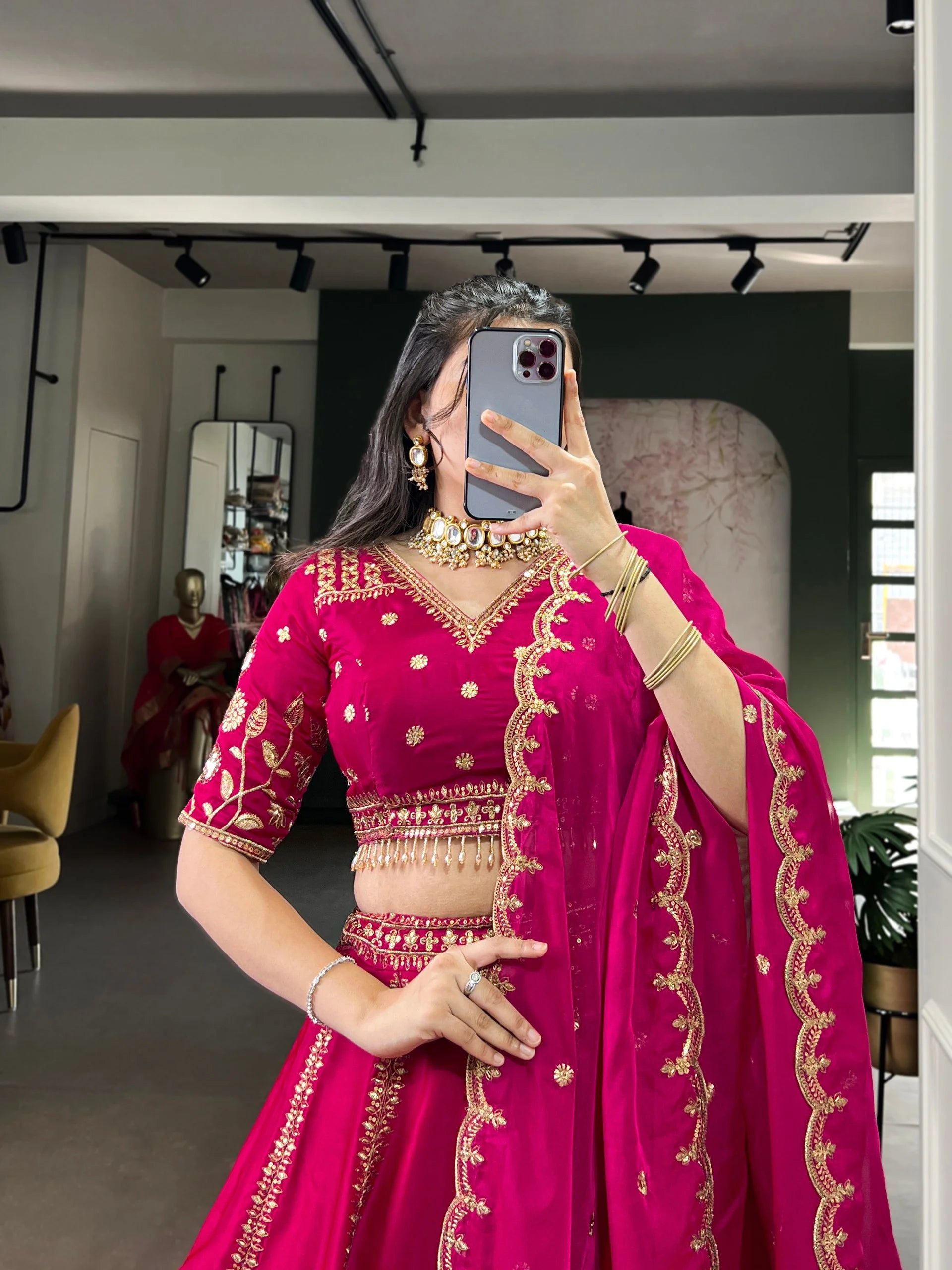 Natural Silk Bridal Lehenga Set with Heavy Sequins & Thread Embroidery