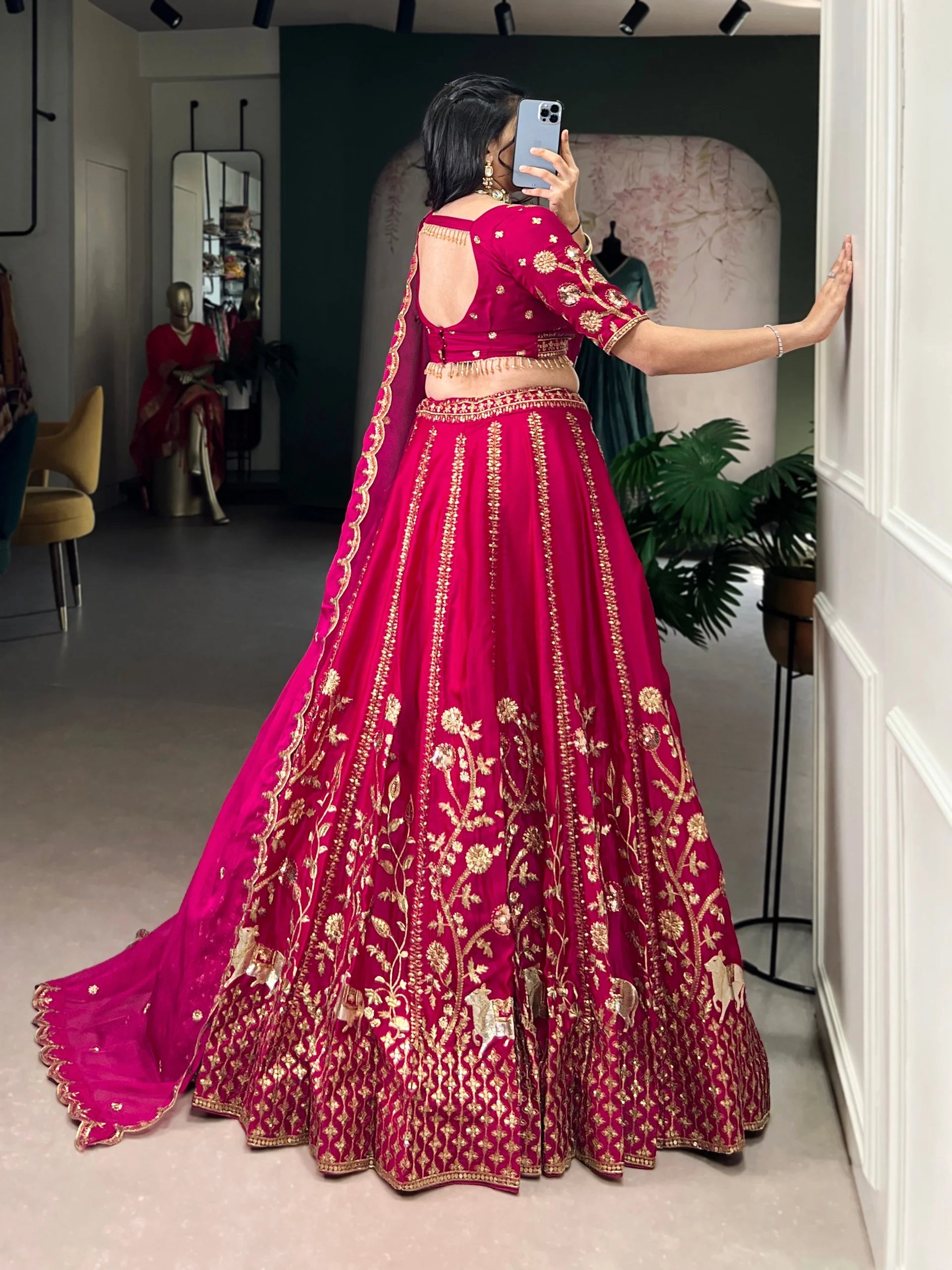 Natural Silk Bridal Lehenga Set with Heavy Sequins & Thread Embroidery