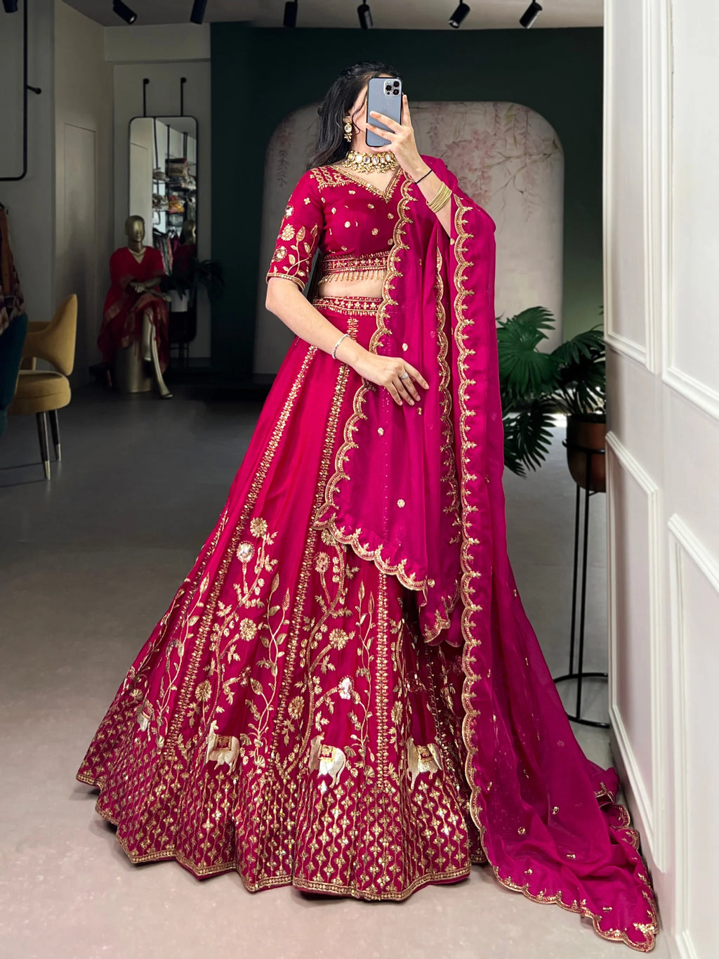 Natural Silk Bridal Lehenga Set with Heavy Sequins & Thread Embroidery