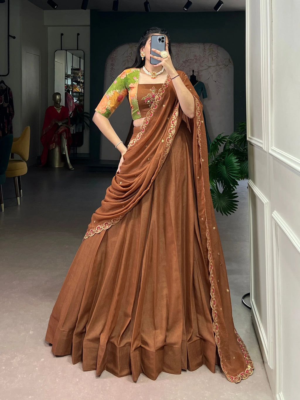 Chocolate Crush Silk Lehenga Set with 5 Meter Flair and Handwork Blouse