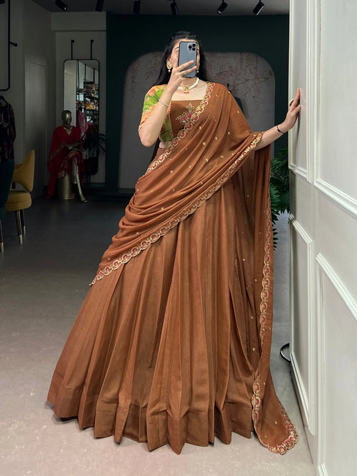 Chocolate Crush Silk Lehenga Set with 5 Meter Flair and Handwork Blouse