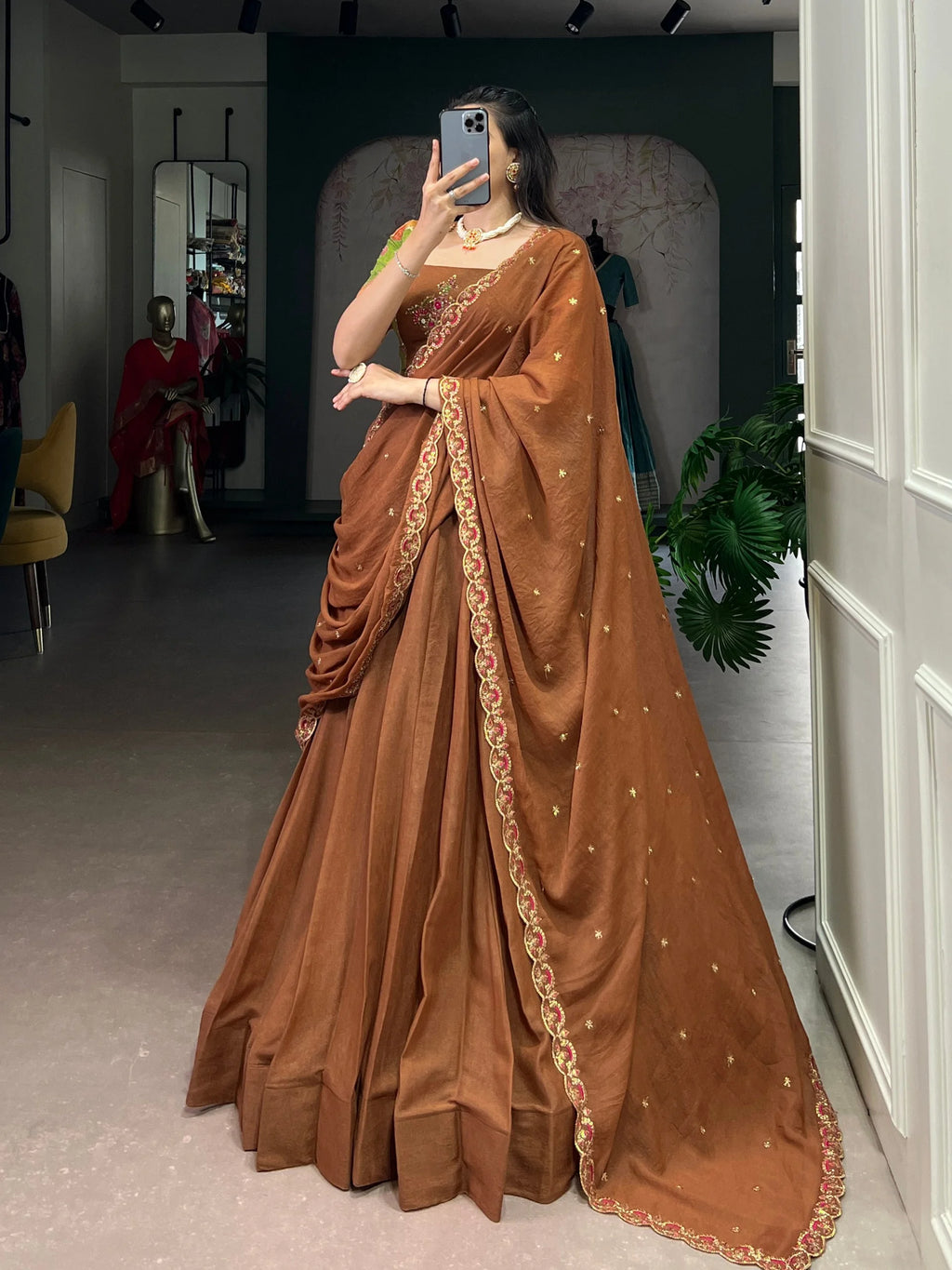 Chocolate Crush Silk Lehenga Set with 5 Meter Flair and Handwork Blouse