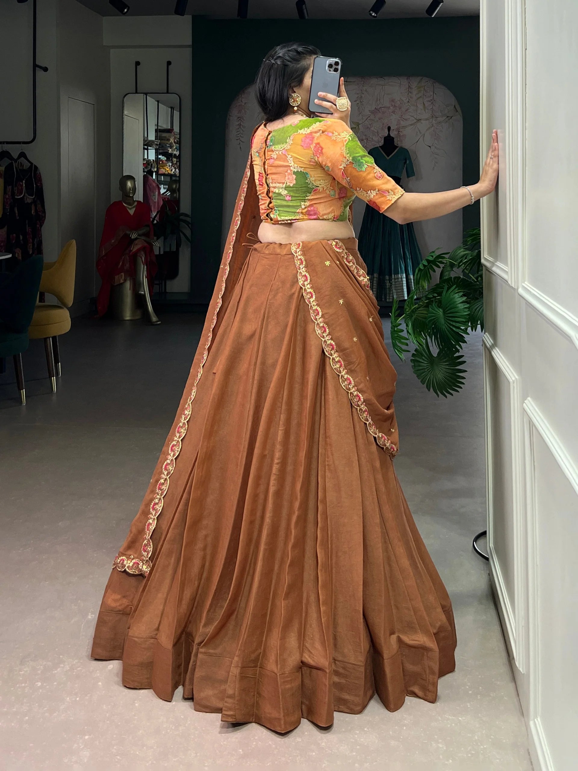 Chocolate Crush Silk Lehenga Set with 5 Meter Flair and Handwork Blouse