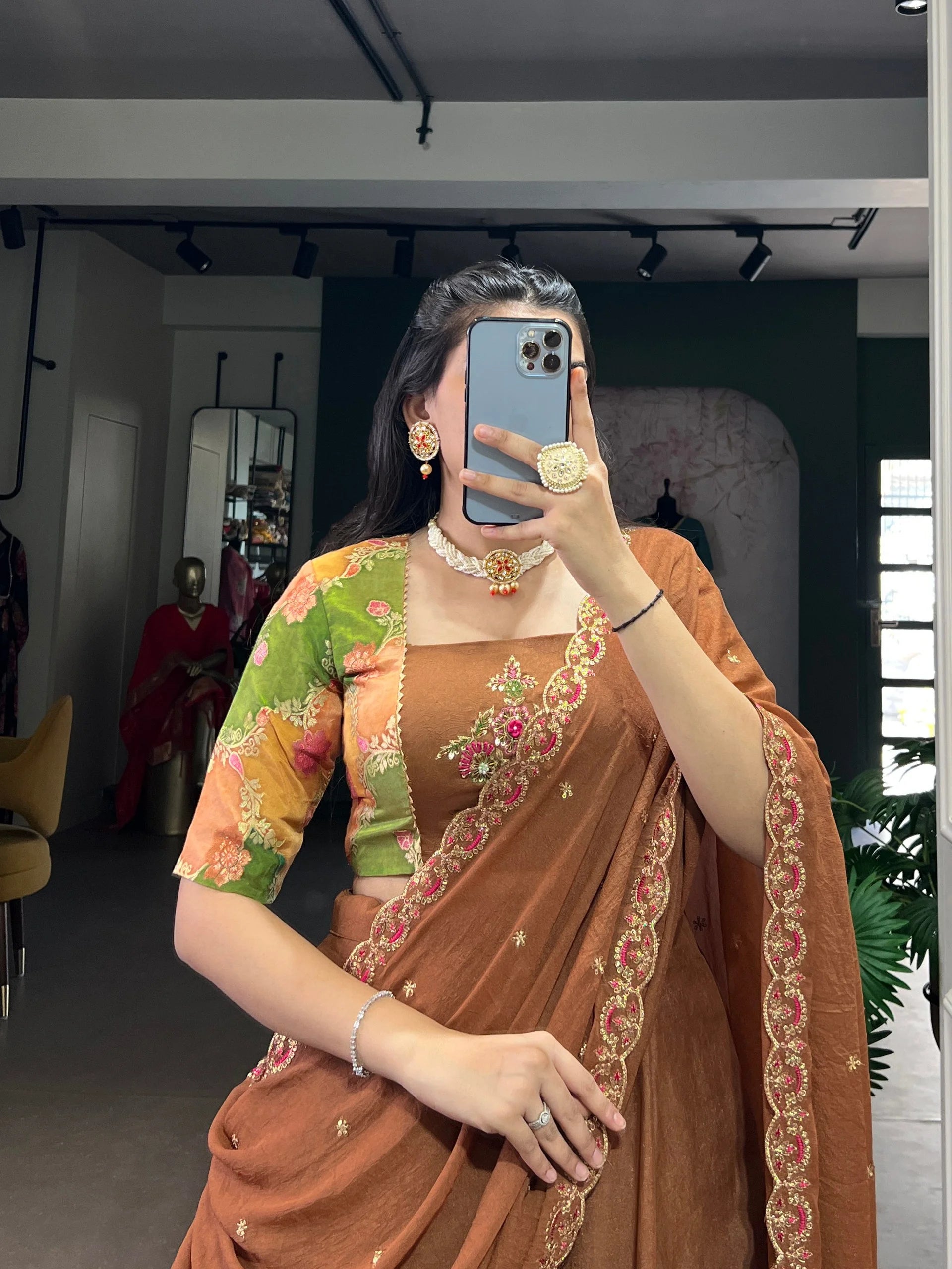 Chocolate Crush Silk Lehenga Set with 5 Meter Flair and Handwork Blouse