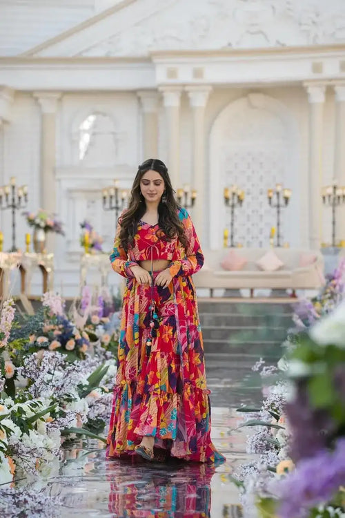 Blossom Royale Printed Chiffon Koti Set with Flared Palazzo
