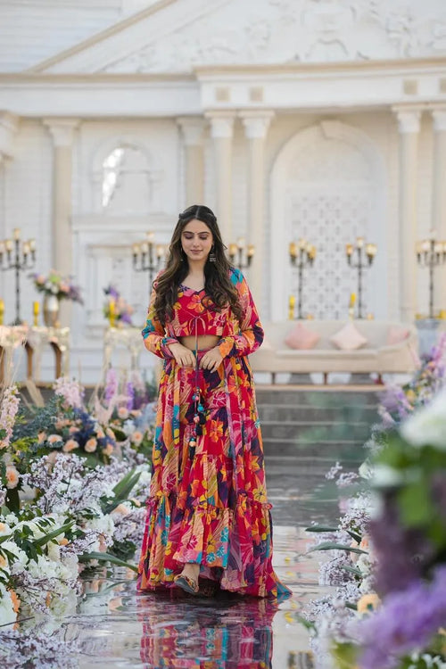 Blossom Royale Printed Chiffon Koti Set with Flared Palazzo