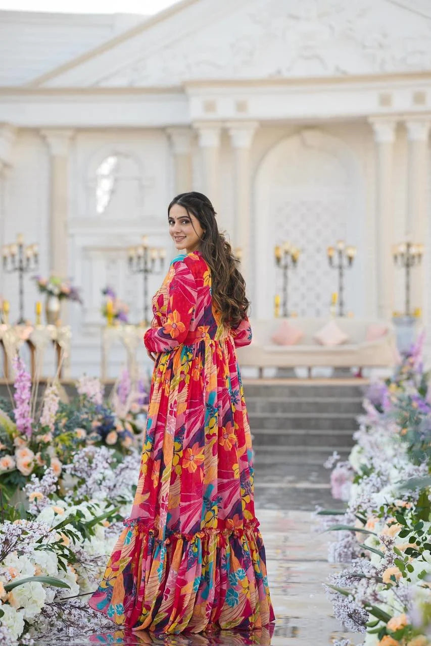 Blossom Royale Printed Chiffon Koti Set with Flared Palazzo