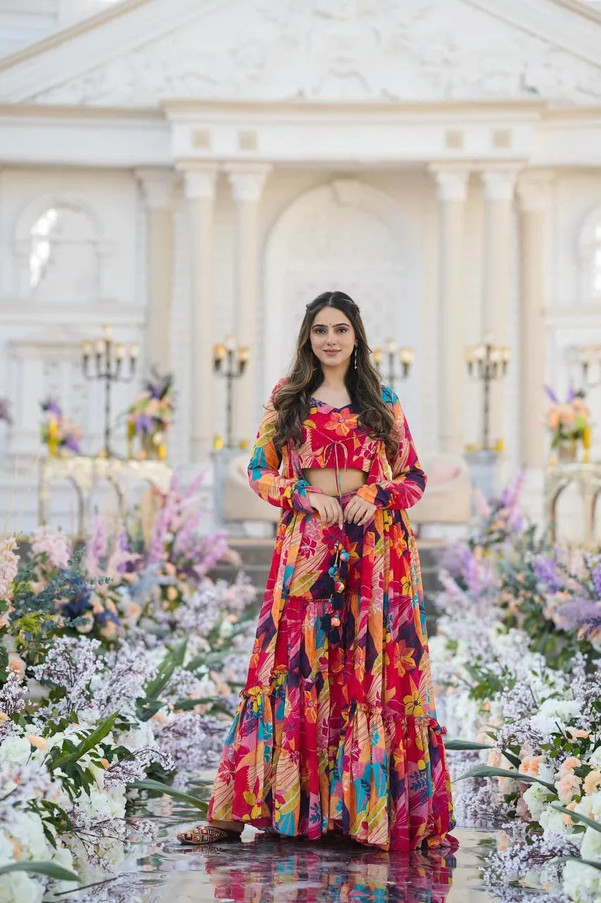 Blossom Royale Printed Chiffon Koti Set with Flared Palazzo