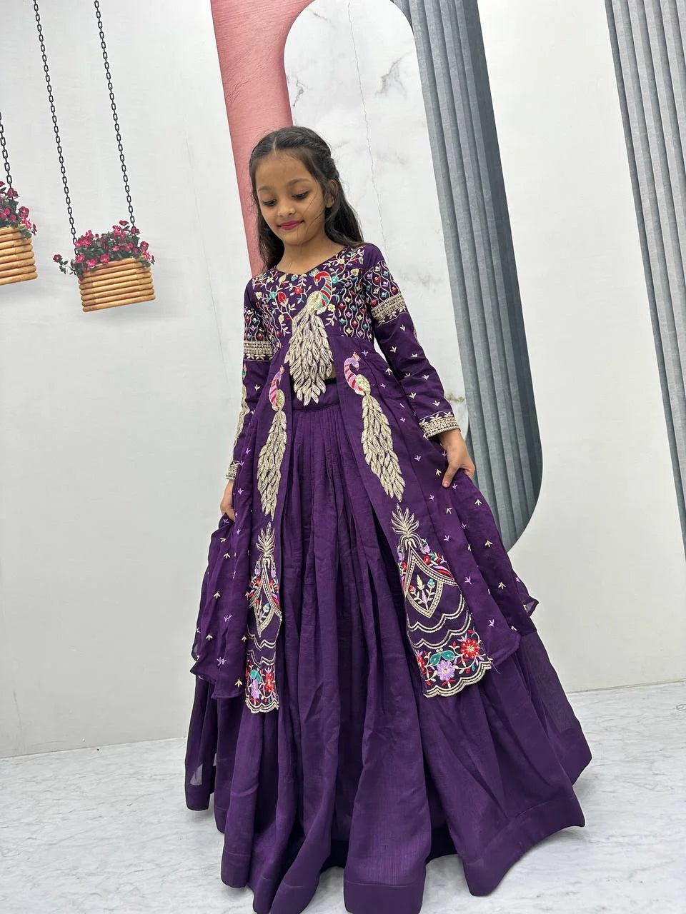 Designer Pure Vichitra Lehenga Choli Set For Kids