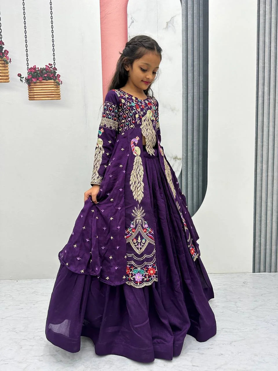 Designer Pure Vichitra Lehenga Choli Set For Kids