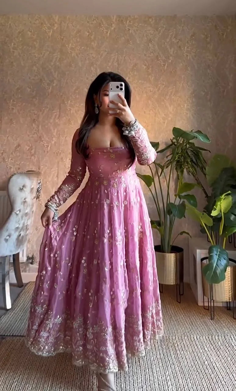 Elegant Heavy Fandy Silk Gown with Thread & Sequence Work