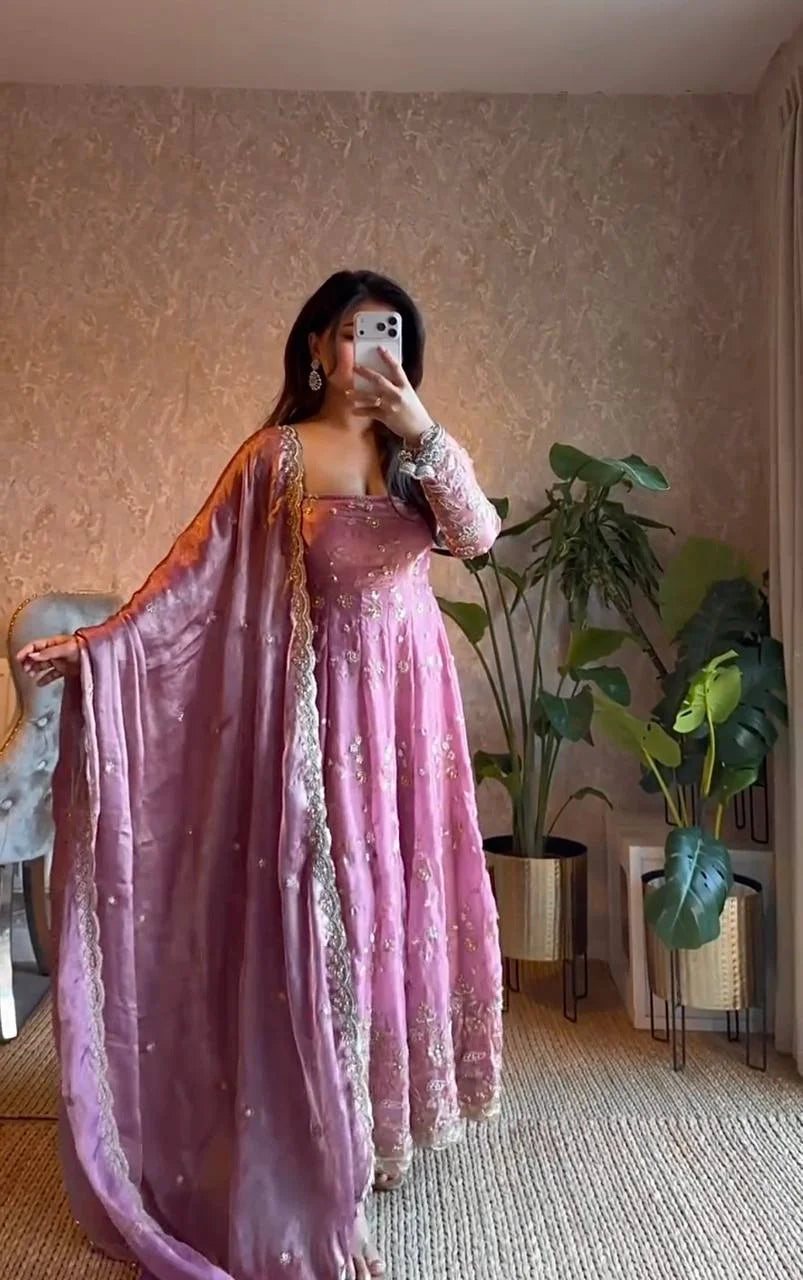 Elegant Heavy Fandy Silk Gown with Thread & Sequence Work