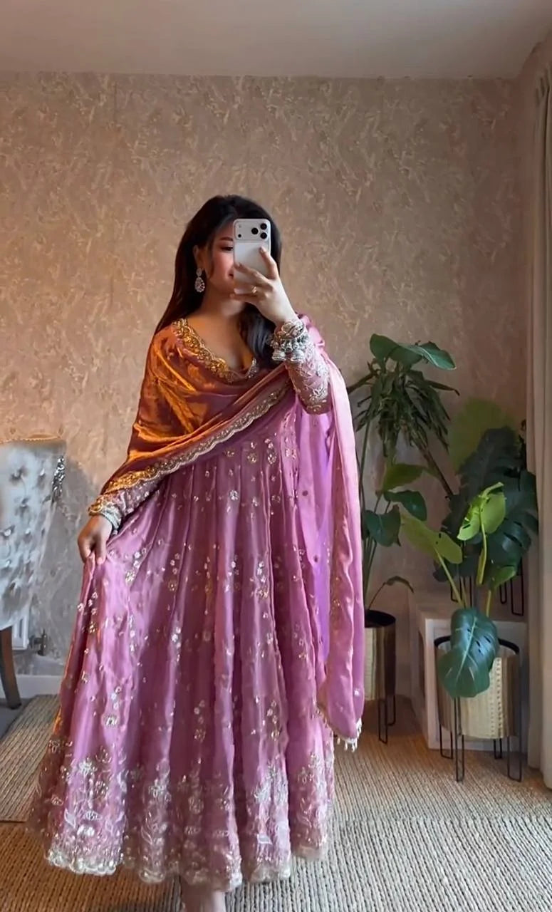 Elegant Heavy Fandy Silk Gown with Thread & Sequence Work