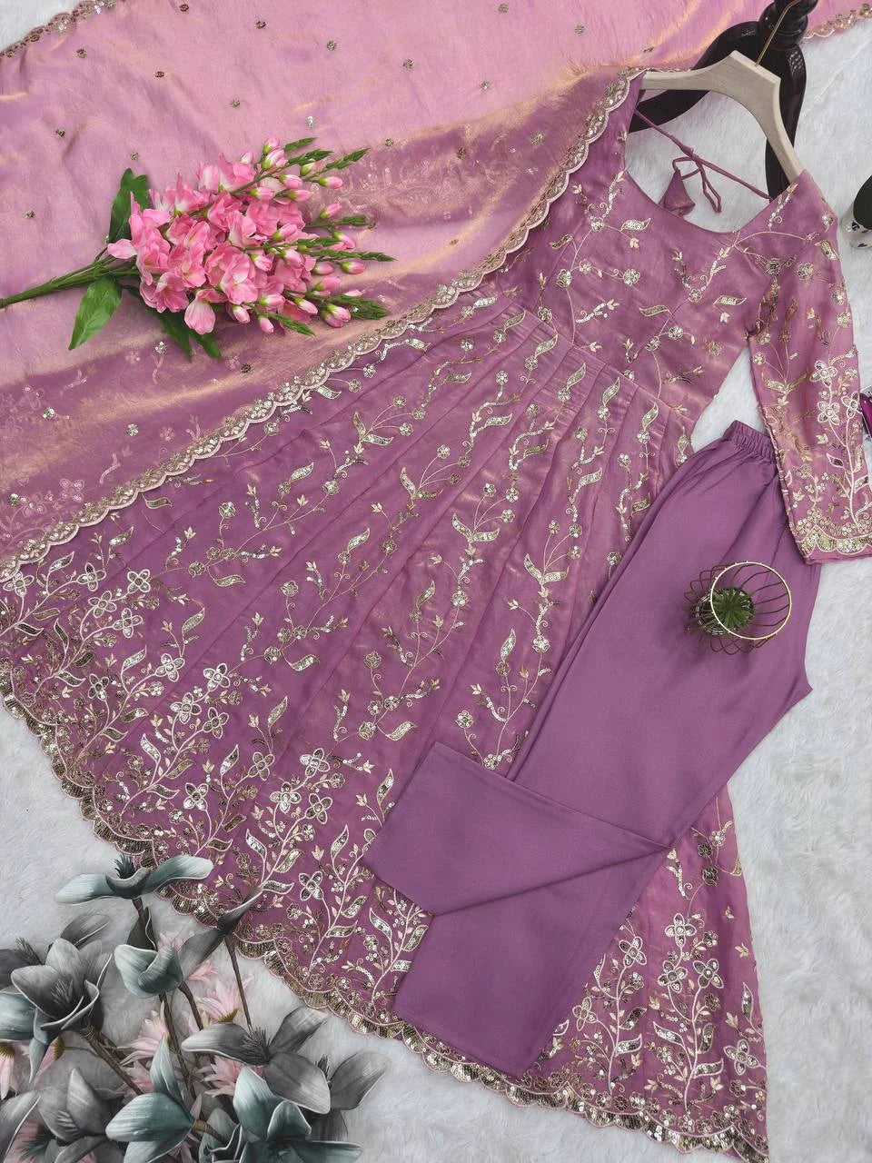 Elegant Heavy Fandy Silk Gown with Thread & Sequence Work