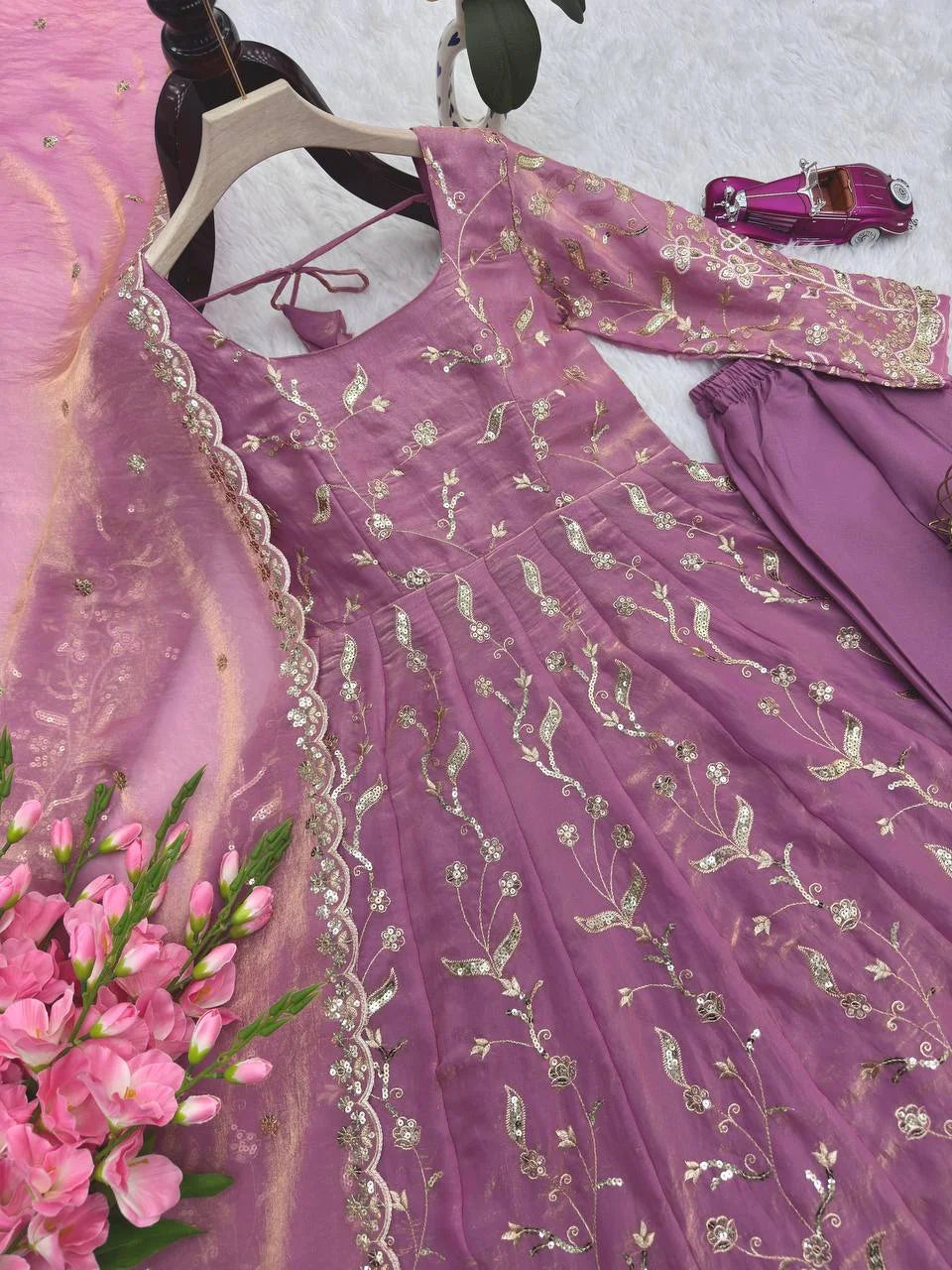 Elegant Heavy Fandy Silk Gown with Thread & Sequence Work