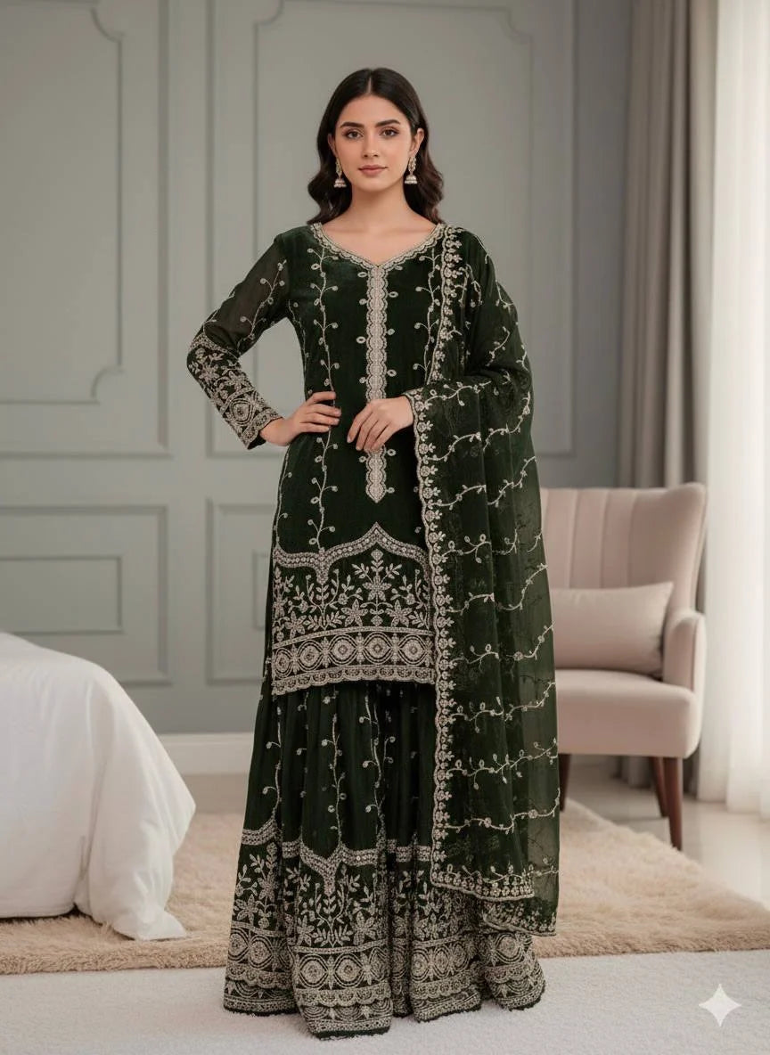 Pure Fendy Silk Embroidered Top & Flared Bottom Set with Matching Dupatta