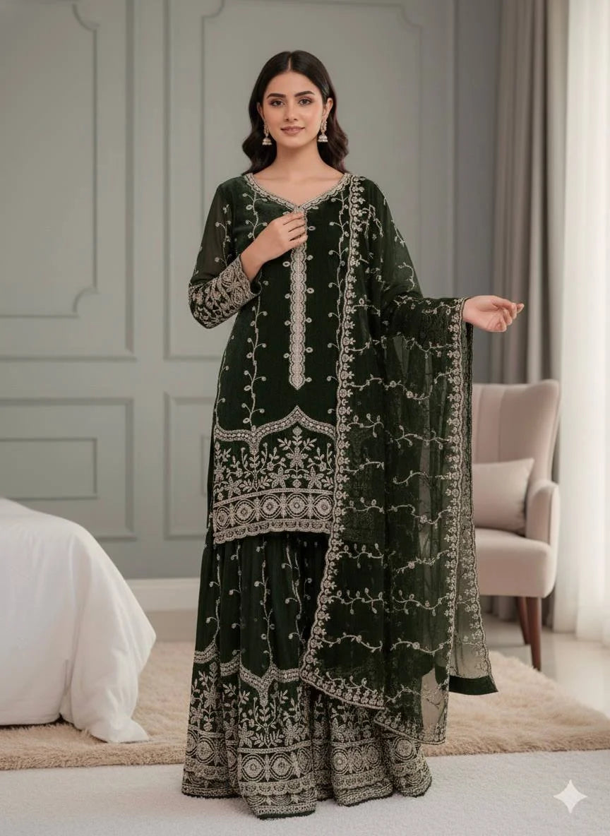 Pure Fendy Silk Embroidered Top & Flared Bottom Set with Matching Dupatta