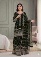 Pure Fendy Silk Embroidered Top & Flared Bottom Set with Matching Dupatta