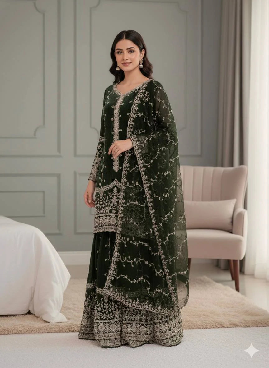 Pure Fendy Silk Embroidered Top & Flared Bottom Set with Matching Dupatta