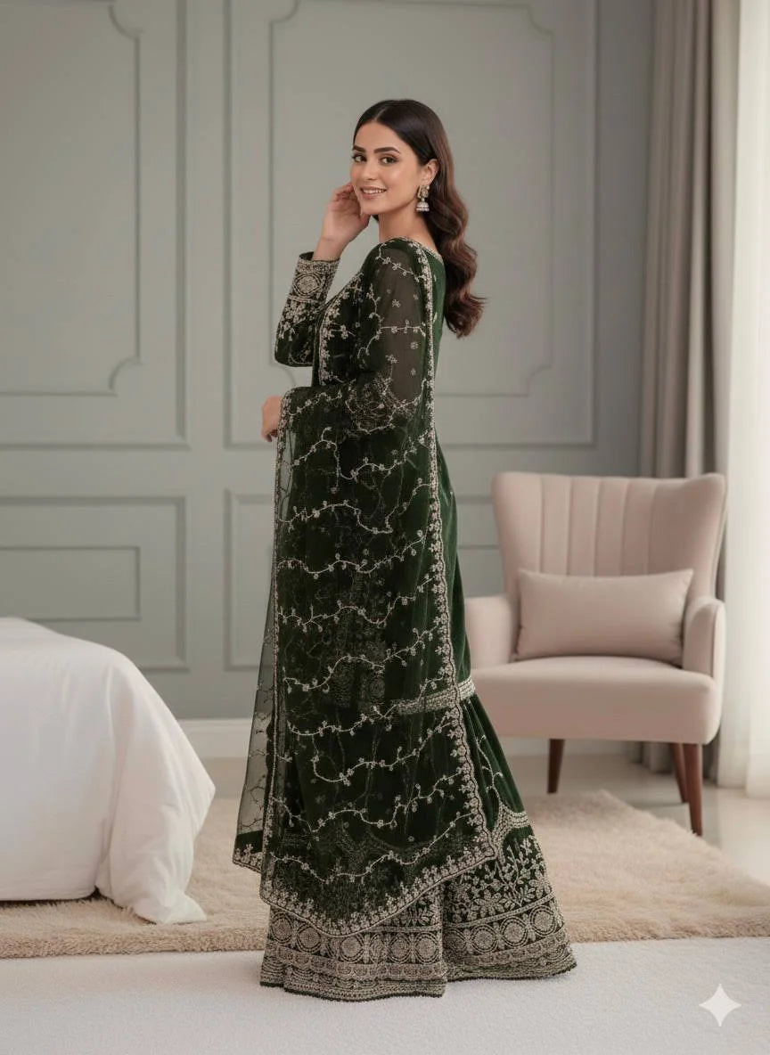 Pure Fendy Silk Embroidered Top & Flared Bottom Set with Matching Dupatta