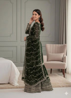 Pure Fendy Silk Embroidered Top & Flared Bottom Set with Matching Dupatta