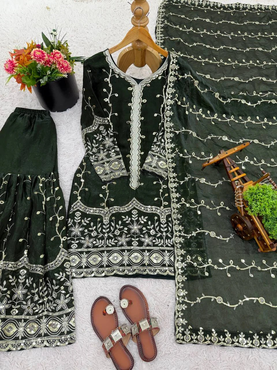 Pure Fendy Silk Embroidered Top & Flared Bottom Set with Matching Dupatta
