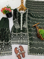 Pure Fendy Silk Embroidered Top & Flared Bottom Set with Matching Dupatta