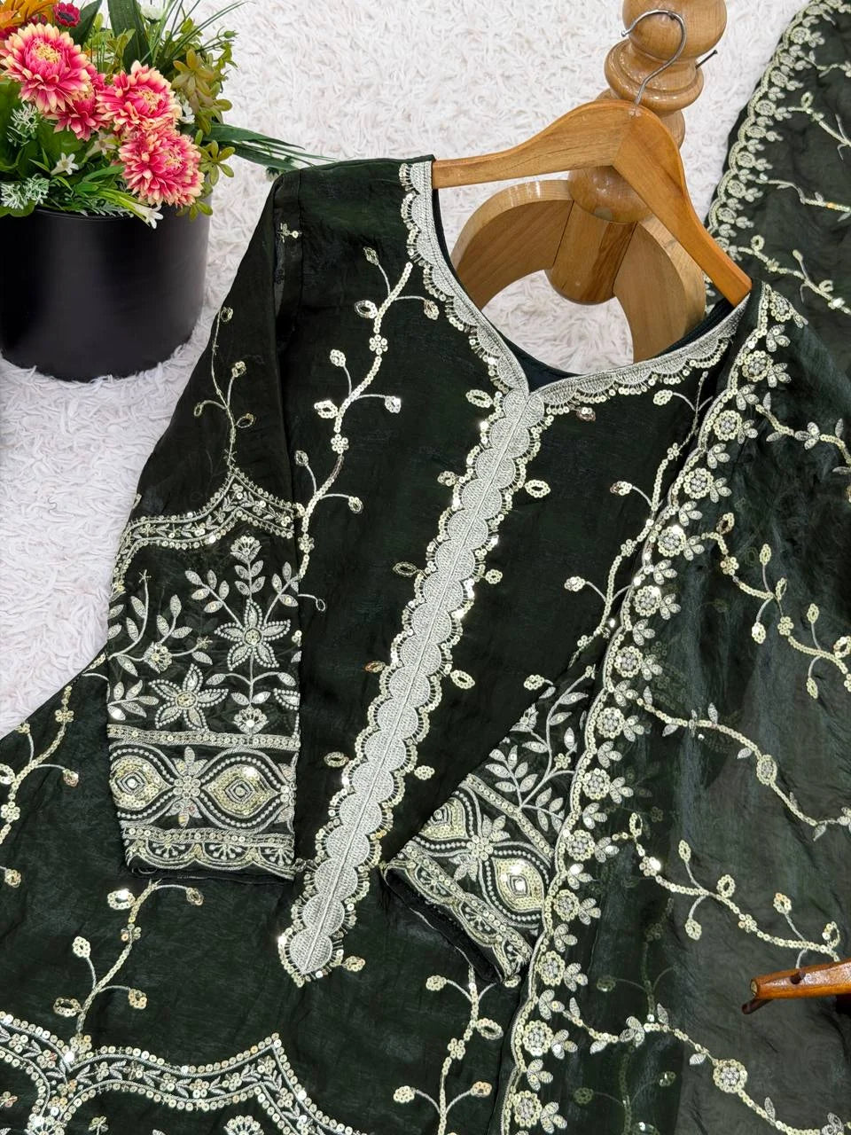 Pure Fendy Silk Embroidered Top & Flared Bottom Set with Matching Dupatta