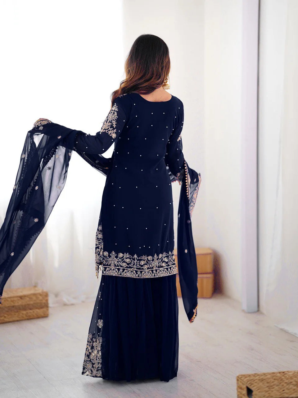 Designer Faux Georgette Top Sharara Suit with Cording Dori