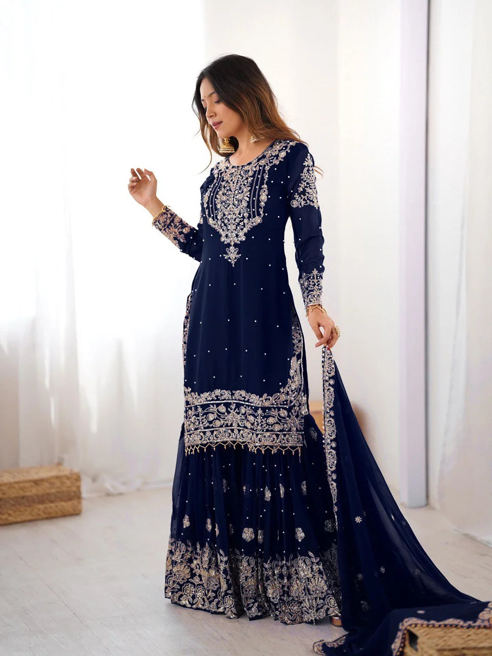 Designer Faux Georgette Top Sharara Suit with Cording Dori