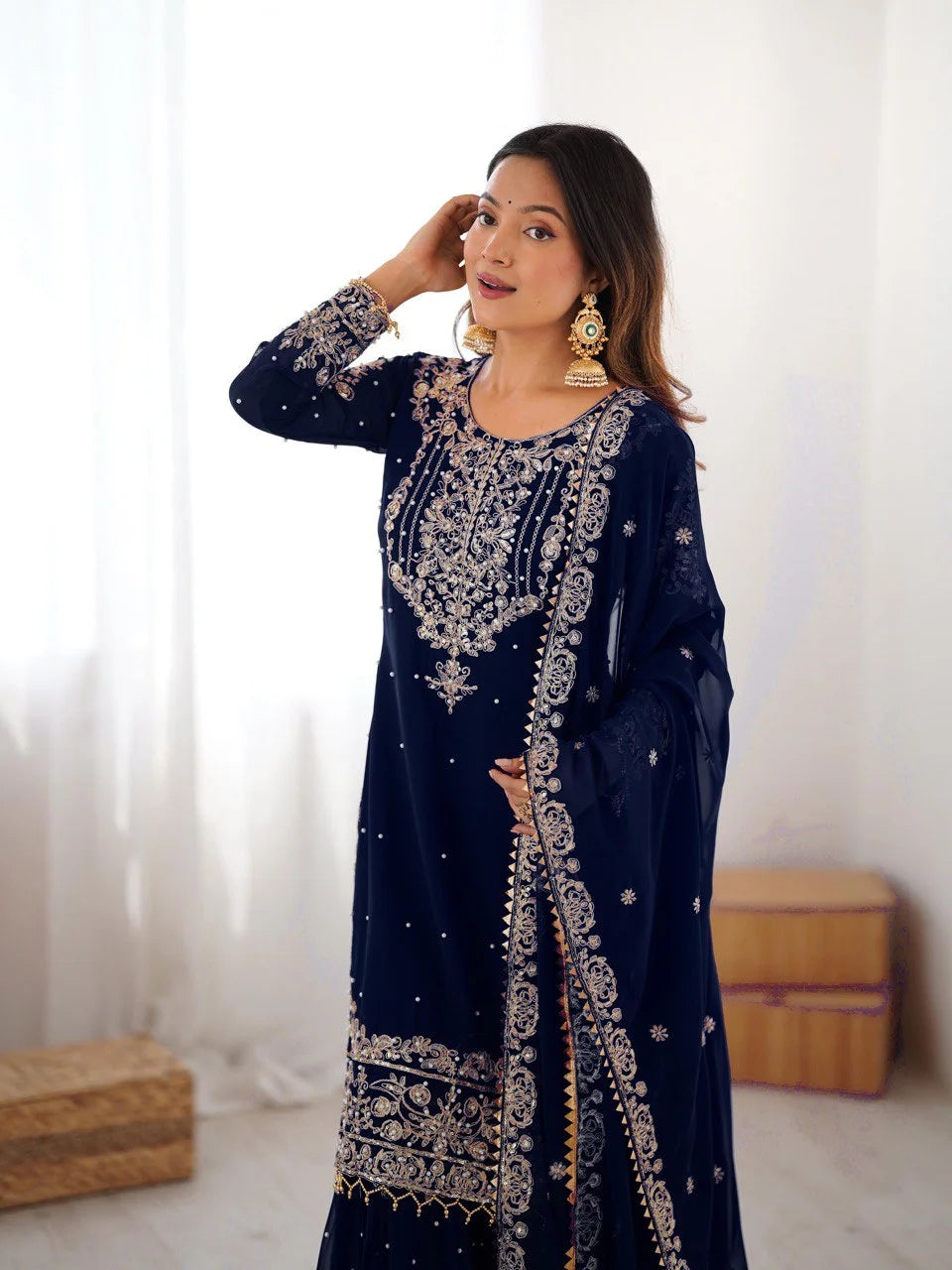 Designer Faux Georgette Top Sharara Suit with Cording Dori