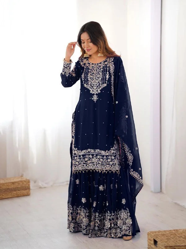 Designer Faux Georgette Top Sharara Suit with Cording Dori