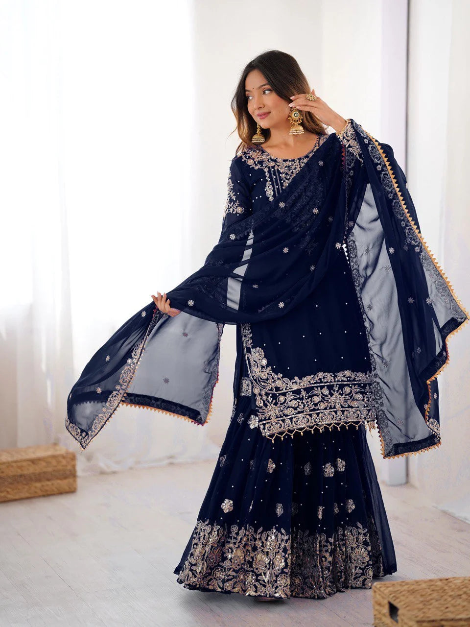Designer Faux Georgette Top Sharara Suit with Cording Dori