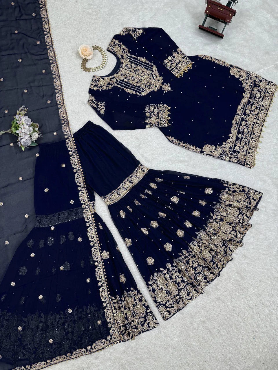 Designer Faux Georgette Top Sharara Suit with Cording Dori
