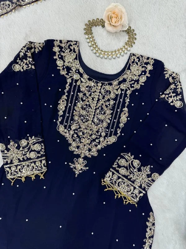 Designer Faux Georgette Top Sharara Suit with Cording Dori