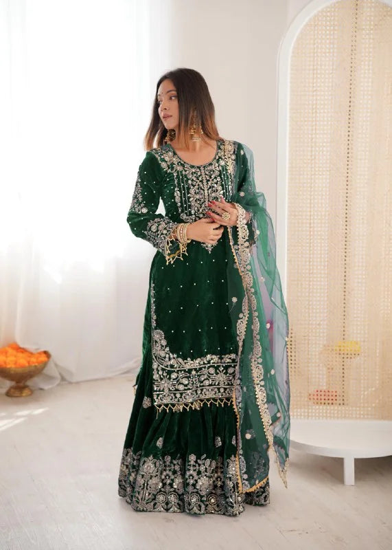 Luxury Velvet Sharara Suit with Pearl Embroidery and Soft Net Dupatta