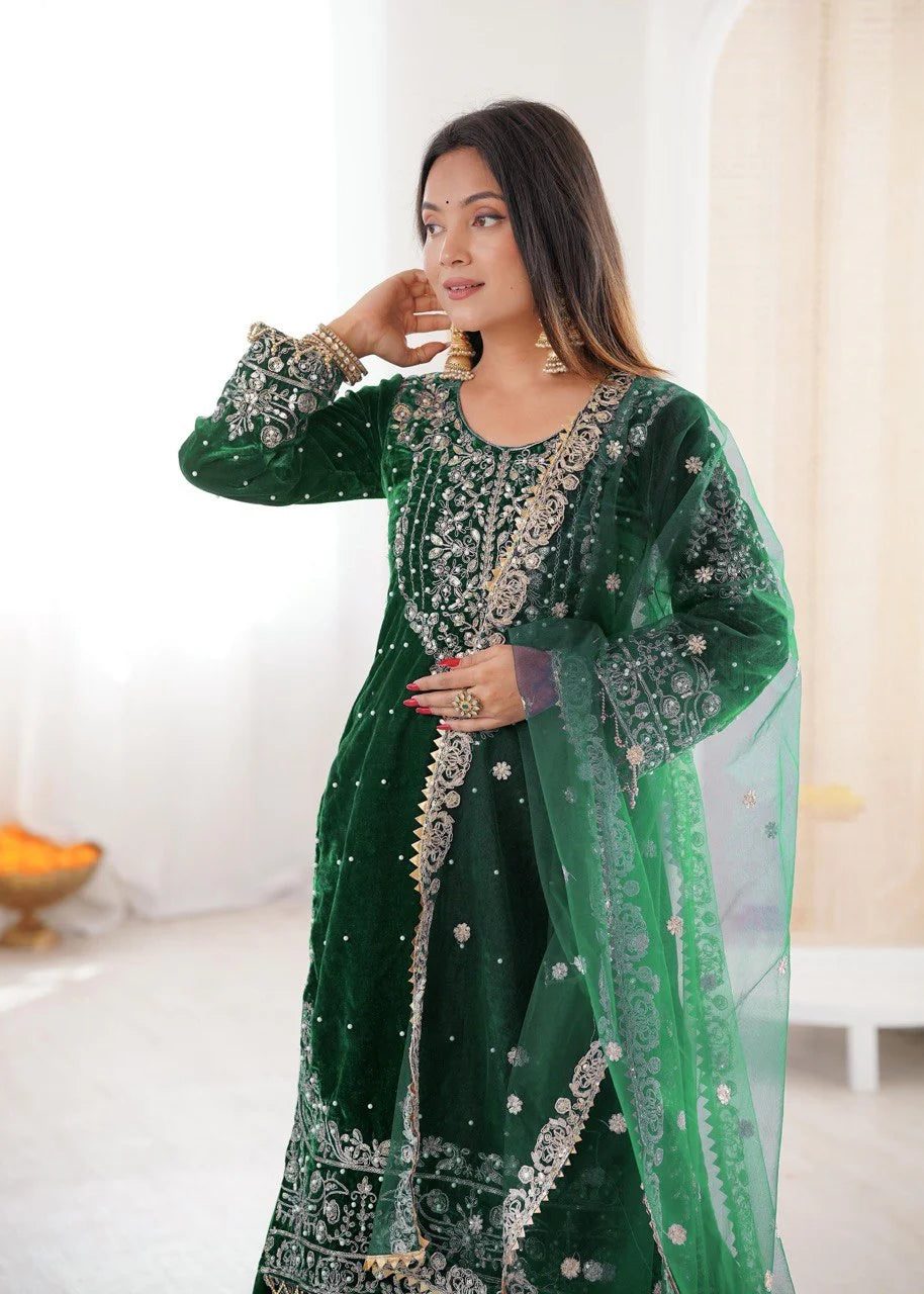 Luxury Velvet Sharara Suit with Pearl Embroidery and Soft Net Dupatta