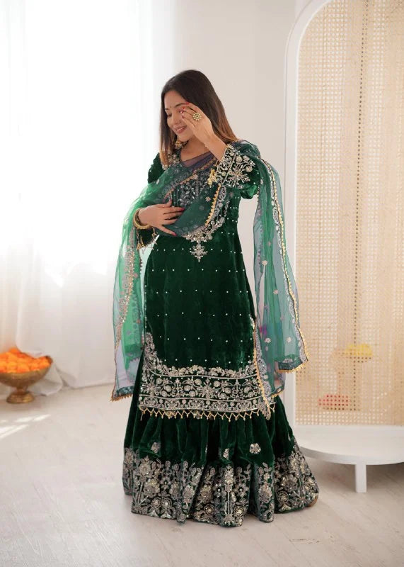 Luxury Velvet Sharara Suit with Pearl Embroidery and Soft Net Dupatta