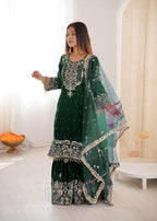 Luxury Velvet Sharara Suit with Pearl Embroidery and Soft Net Dupatta