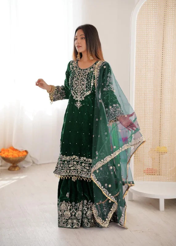 Luxury Velvet Sharara Suit with Pearl Embroidery and Soft Net Dupatta