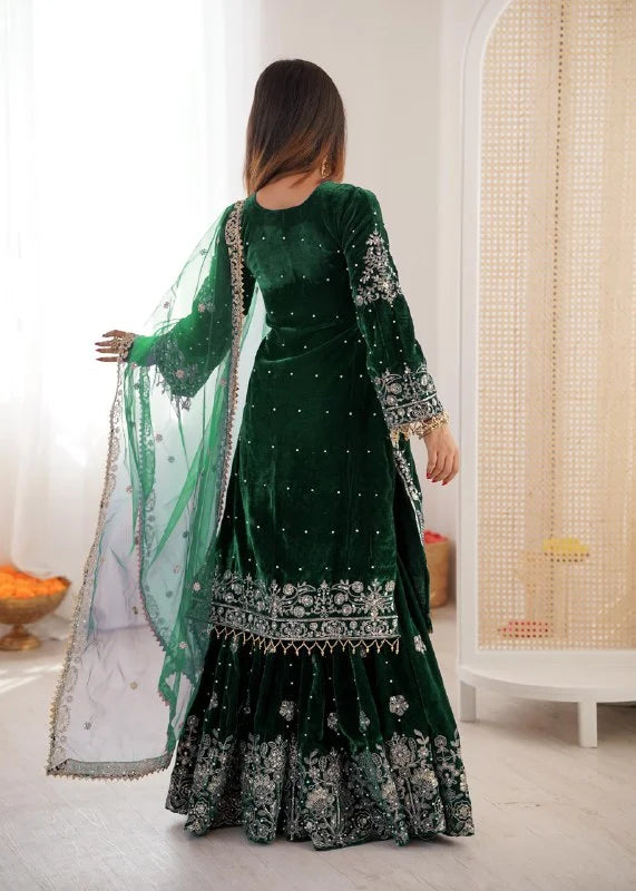 Luxury Velvet Sharara Suit with Pearl Embroidery and Soft Net Dupatta