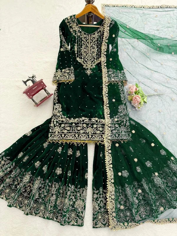 Luxury Velvet Sharara Suit with Pearl Embroidery and Soft Net Dupatta