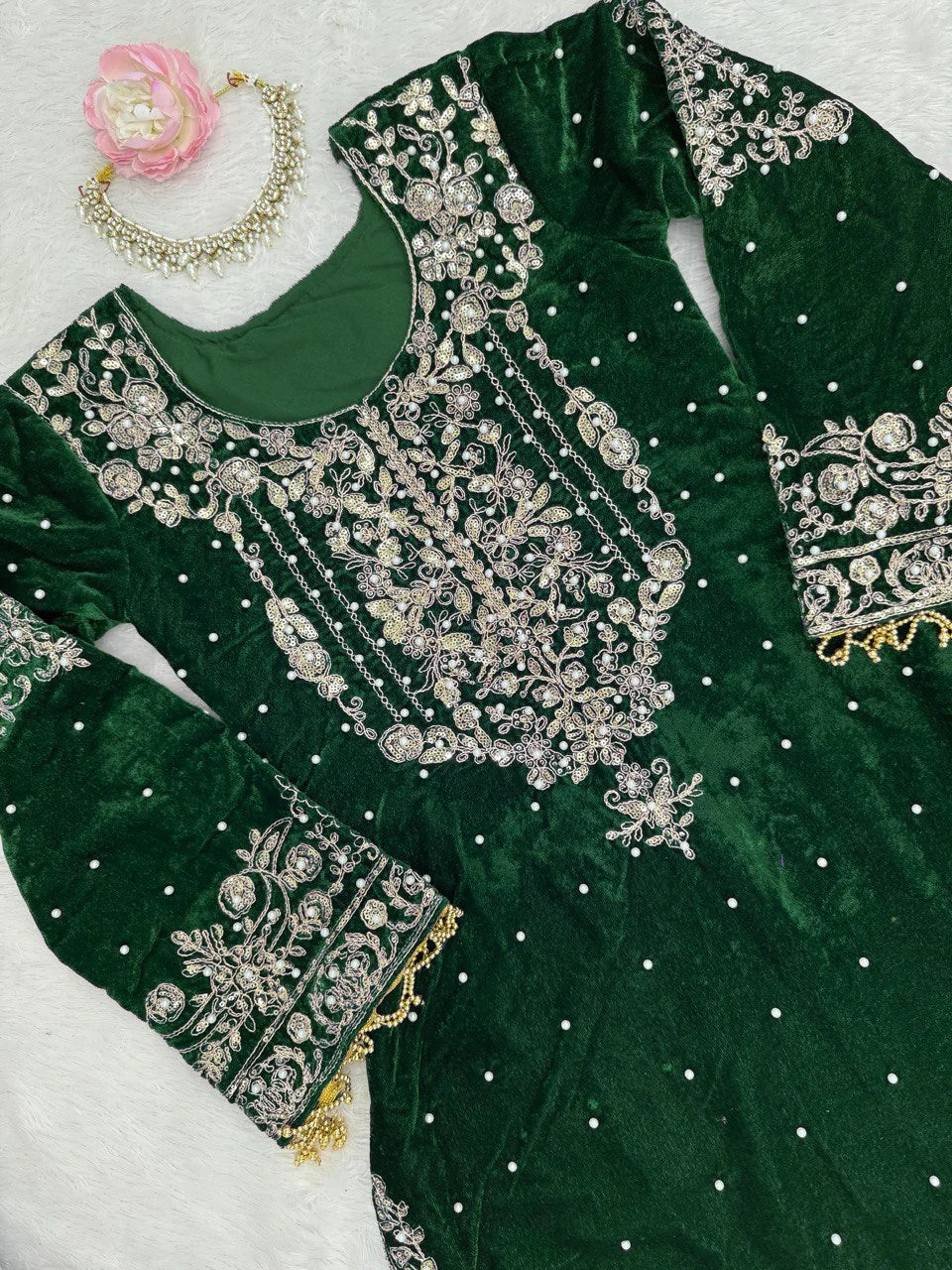 Luxury Velvet Sharara Suit with Pearl Embroidery and Soft Net Dupatta