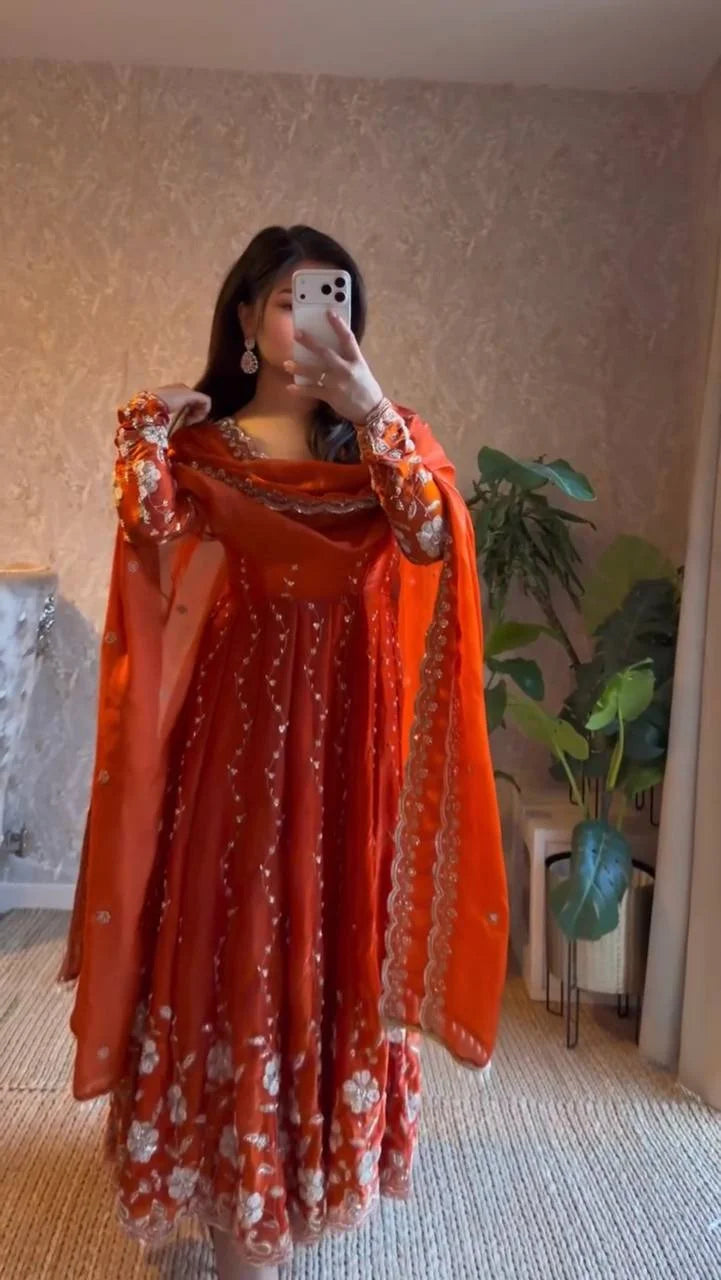 Designer Fendy Silk Anarkali Kurta Set with Sequence Embroidery & Dupatta