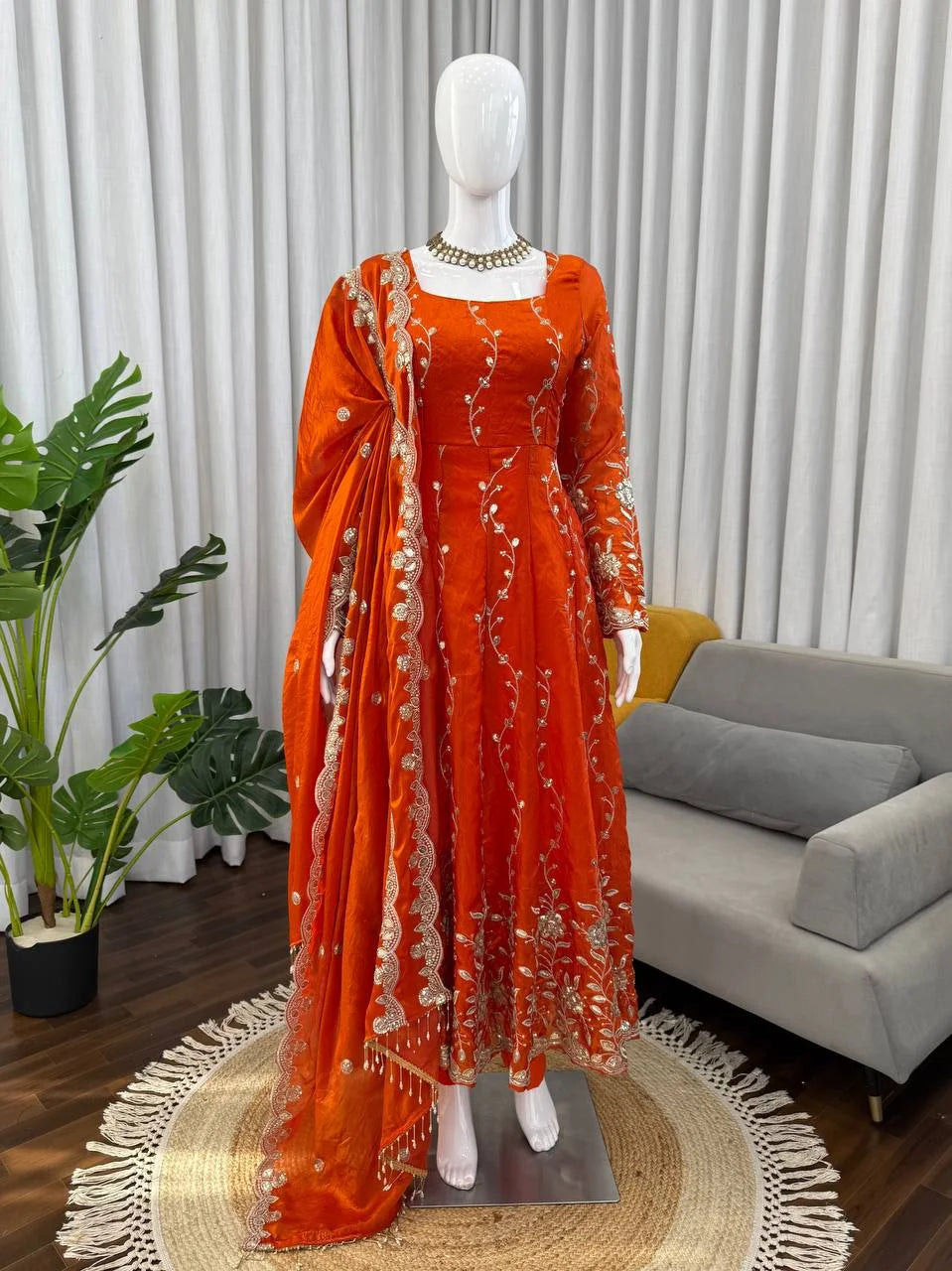 Designer Fendy Silk Anarkali Kurta Set with Sequence Embroidery & Dupatta