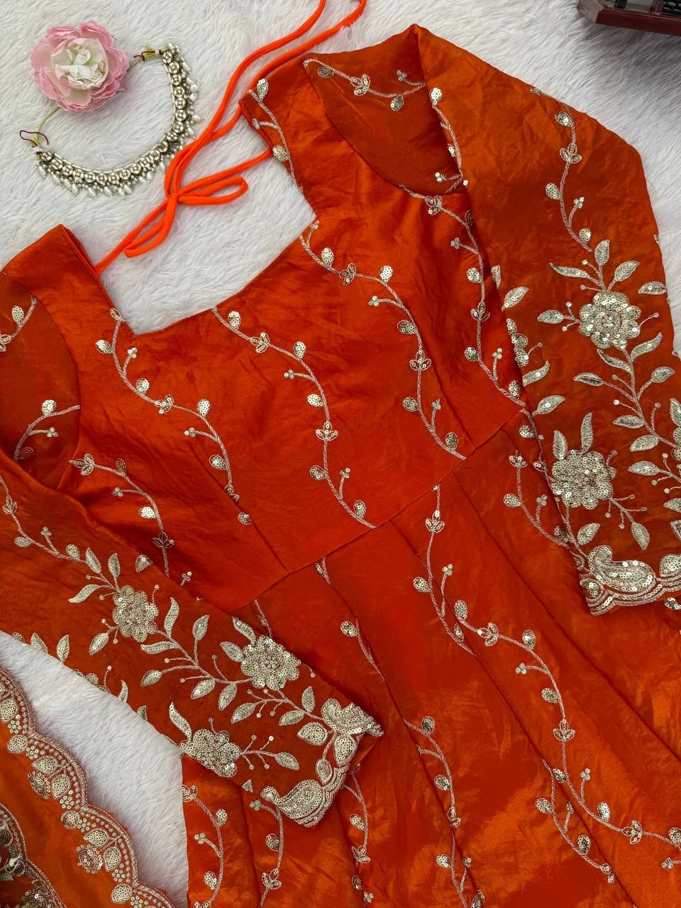 Designer Fendy Silk Anarkali Kurta Set with Sequence Embroidery & Dupatta