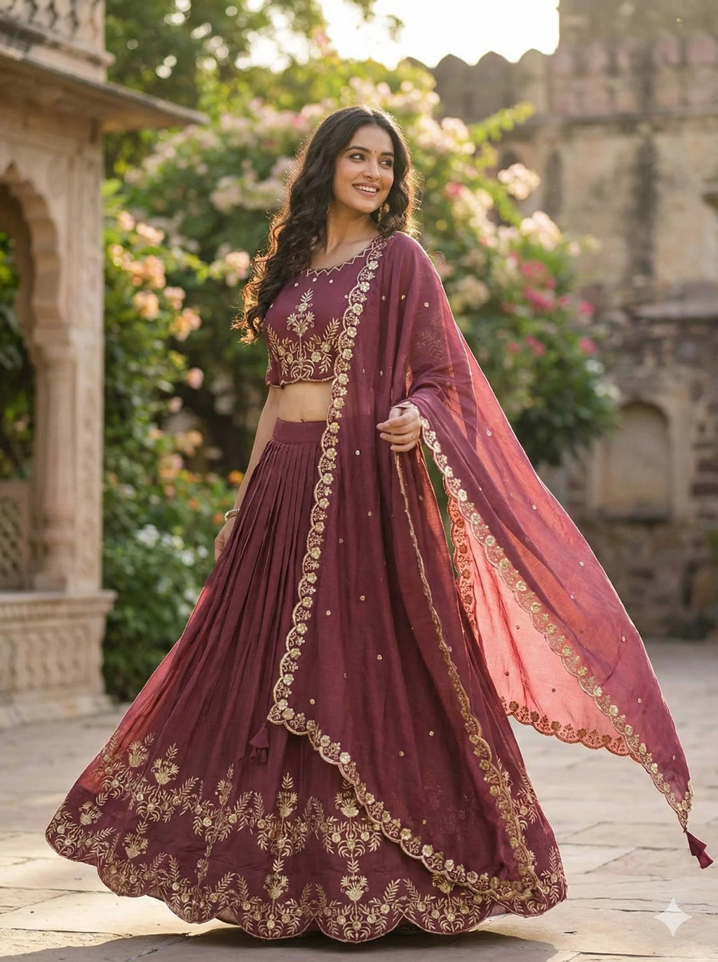 Regal Vichitra Silk Lehenga Set with Golden Zari Embroidery & Cutwork Dupatta
