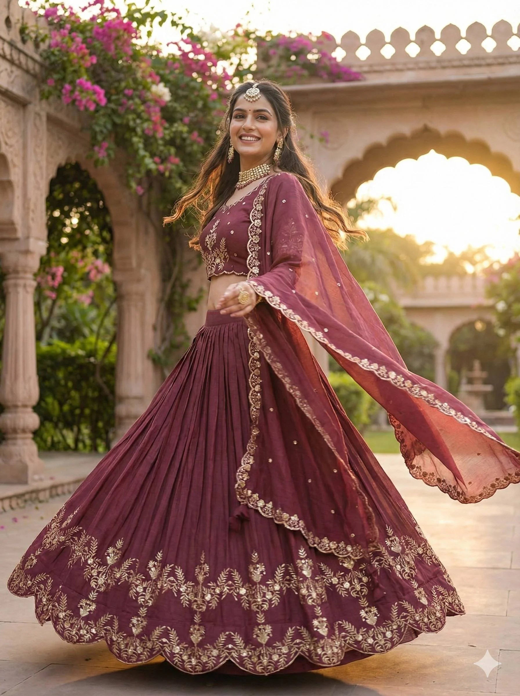Regal Vichitra Silk Lehenga Set with Golden Zari Embroidery & Cutwork Dupatta
